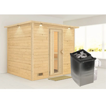 Houten sauna met saunaoven binnenshuis