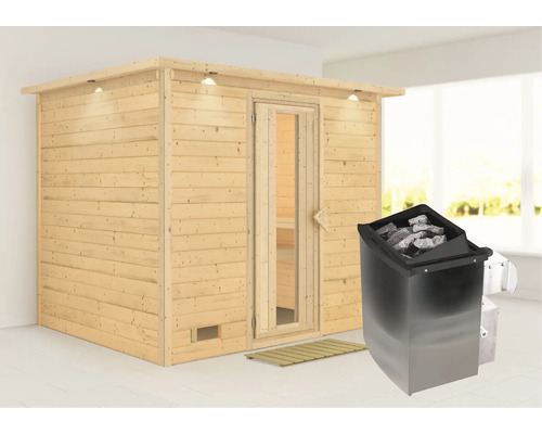 Houten sauna met saunaoven binnenshuis