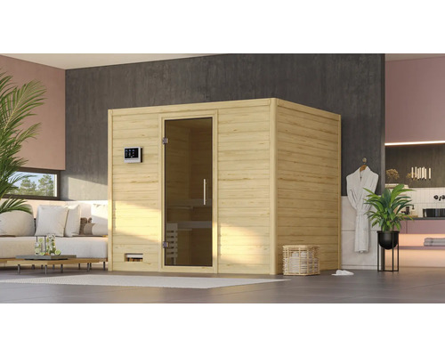 Moderne sauna met glazen deur en bedieningselementen in een heldere ruimte