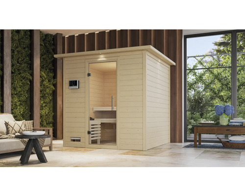 Binnenaanzicht van een houten sauna met glazen deur en digitaal bedieningspaneel
