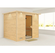 Houten sauna met glazen deur en interieurverlichting in een lichte ruimte