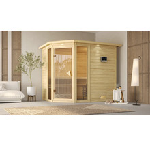 Interieur met houten sauna en glaselementen