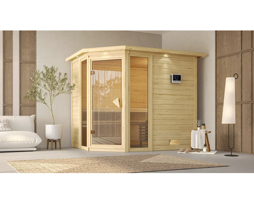 Interieur met houten sauna en glaselementen