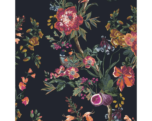 JOULES Vliesbehang 118557 Forest Chinoiserie French Navy Behang met bloemmotief, vogel en vijgen