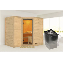 Sauna met glazen deur en saunakachel met saunastenen