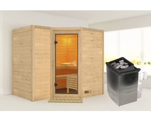Sauna met glazen deur en saunakachel met saunastenen