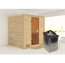 Sauna met houtkachel en glazen deur