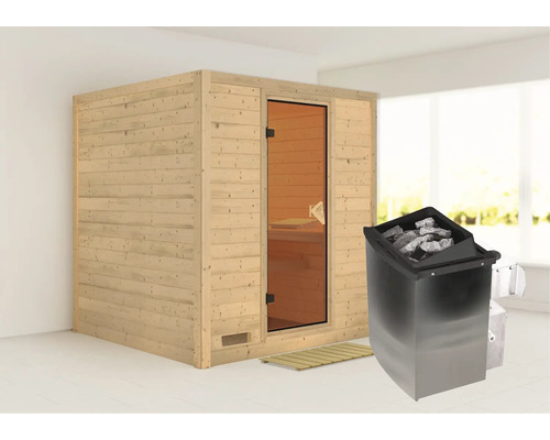 Sauna met houtkachel en glazen deur