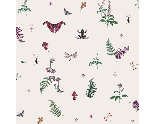 JOULES Vliesbehang 118565 Midnight Beasts Blush Crème Patroon met varens, vlinders, libellen, kevers, bladeren, bloemen, kikkers en eikels