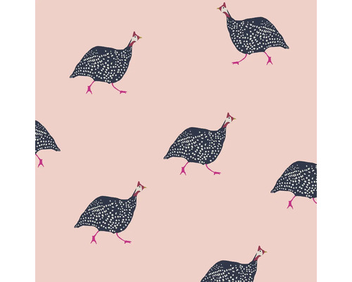 JOULES Vliesbehang 118566 Guinea Fowl Blush Pink Illustratie met parelhoenders als herhalend patroon.