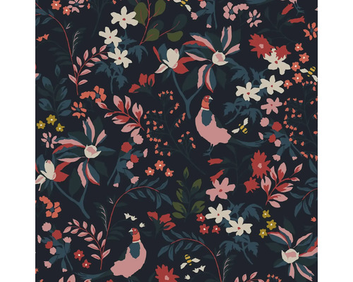 JOULES Vliesbehang 118568 Fields edge Floral French Navy Bloembehang met fazanten- en bijenpatroon