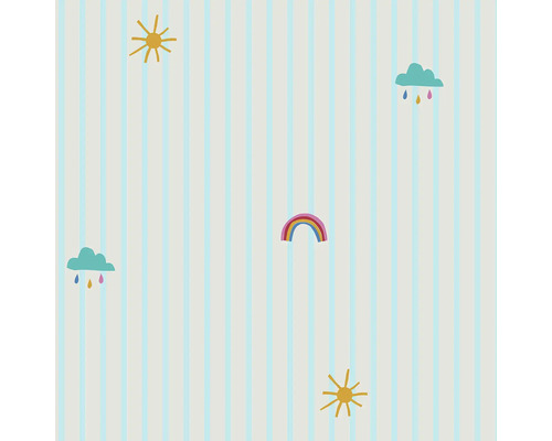 JOULES Vliesbehang 118583 Whatever the Weather Icons Haze Blue Behang met strepen, zon, wolken met regendruppels en regenboog