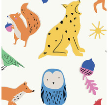 Illustratie met dieren zoals eekhoorn, vos, wolf, uil en vogel