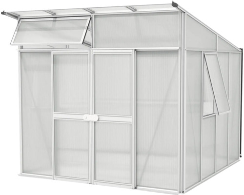 Tuinkas met aluminium frame en ventilatieramen.