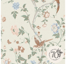 Behang met bloemmotief, vogels en Laura Ashley logo voor 70-jarig jubileum