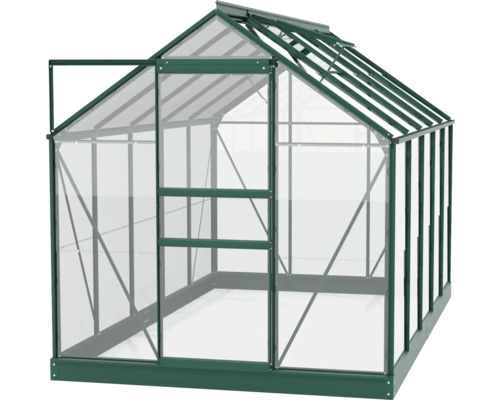 Tuinkas met open deur en transparante wanden.