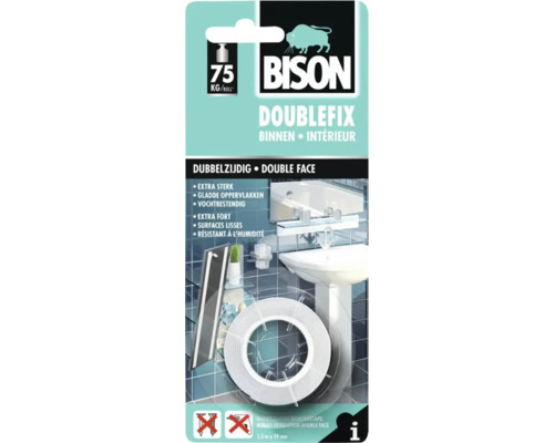 Bison Doublefix dubbelzijdige montagetape voor binnen, geschikt voor gladde oppervlakken en vochtbestendig