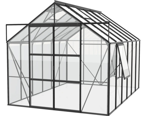 Kweekkas met open deur en raam voor plantenteelt