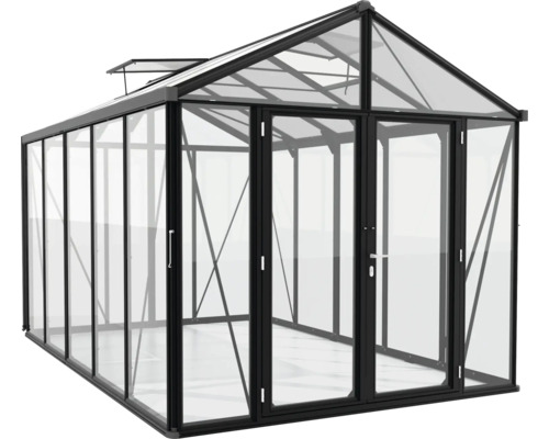 Kas met glazen wanden en dubbele deur