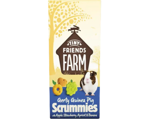 TINY FRIENDS FARM Cavia Snack Gerty Guinea Pig Scrummies 120 gr Tiny Friends Farm Gerty Guinea Pig Scrummies verpakking met appel, aardbei, abrikoos en banaan