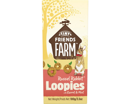 TINY FRIENDS FARM Konijnen Snack Russel Rabbit Loopies 100 gr Tiny Friends Farm Russel Rabbit Loopies wortel en munt 100 gram