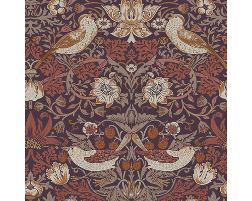 WILLIAM MORRIS Vliesbehang 124229 Strawberry Thief Plum Patroon van een behang met vogels, bloemen en aardbeien