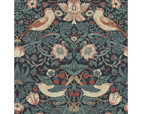 WILLIAM MORRIS Vliesbehang 124231 Strawberry Thief Deep Blue Behang met vogel-, bloem- en aardbeienmotief