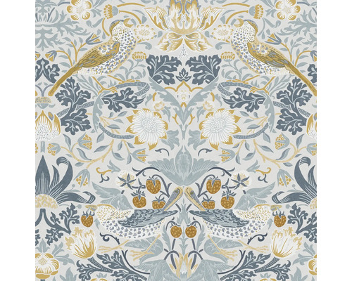 WILLIAM MORRIS Vliesbehang 124232 Strawberry Thief Soft Blue Behang met vogel-, bloem- en aardbeienpatroon