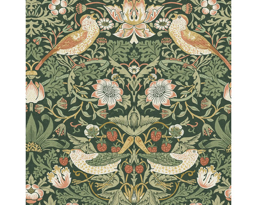 WILLIAM MORRIS Vliesbehang 124234 Strawberry Thief Rich Green Behang met vogel-, aardbei- en bloemmotief