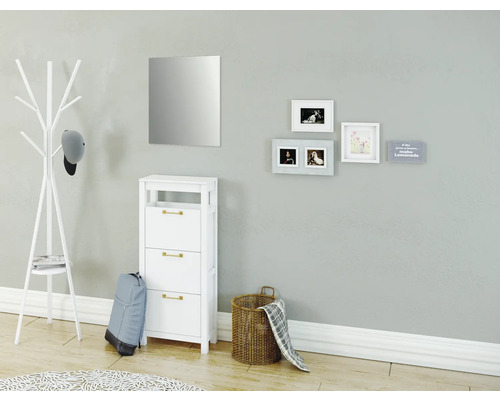 Haloverzicht met kapstok, spiegel, schoenenkast en decoratieve elementen