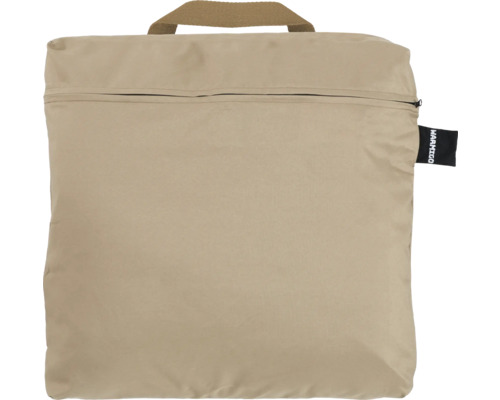 Beige opbergtas met ritssluiting en handvat.