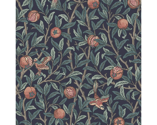 WILLIAM MORRIS Vliesbehang 124259 Bird & Pomegranate Navy Blue Behang met granaatappels, bladeren en vogels op takken