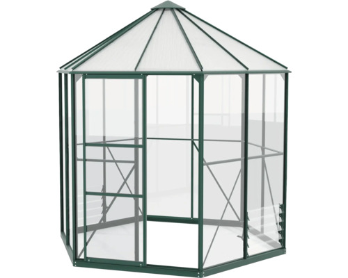 Zeshoekige kas met transparante wanden en dak