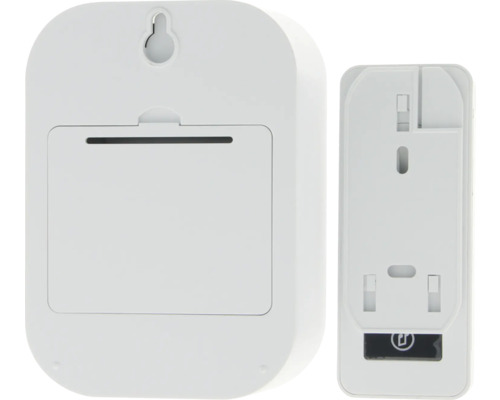 Achterkant van een witte temperatuur- en vochtigheidssensor met muurbevestiging