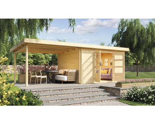 Tuinhuis met overdekt terras, zitplaatsen en beplanting in de buitenruimte