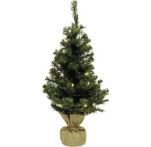 Kleine kunstkerstboom met verlichting in jute zak