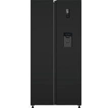 Zwarte side-by-side koelkast met waterdispenser