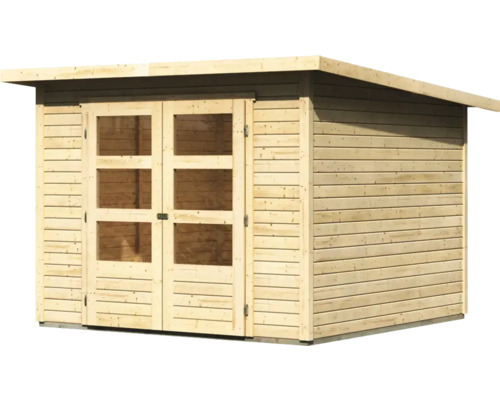Houten tuinhuis met dubbele deur en plat dak