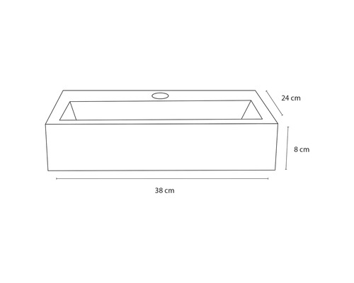 Tekening van een waskom met afmetingen van 38 cm lengte, 24 cm breedte en 8 cm hoogte