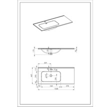 Technische tekening van een wastafel met afmetingen.