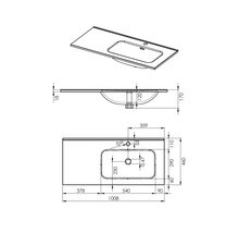 Technische tekening van een wastafel met waskom en afmetingen