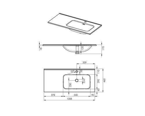 Technische tekening van een wastafel met waskom en afmetingen