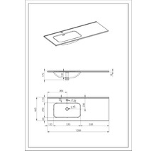 Technische tekening van een wastafelmeubel met afmetingen