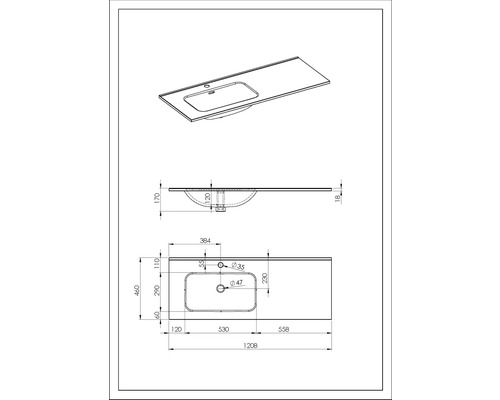 Technische tekening van een wastafelmeubel met afmetingen