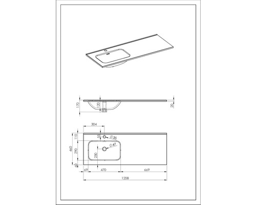Technische tekening van een wastafel met afmetingen.