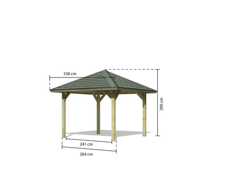 Houten tuinpaviljoen met afmetingen 338 cm bij 290 cm bij 264 cm bij 241 cm