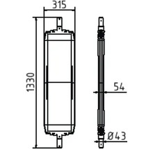 Technische tekening van een warmtewisselaar met afmetingen van 1330 mm hoogte, 315 mm breedte en 43 mm diameter.