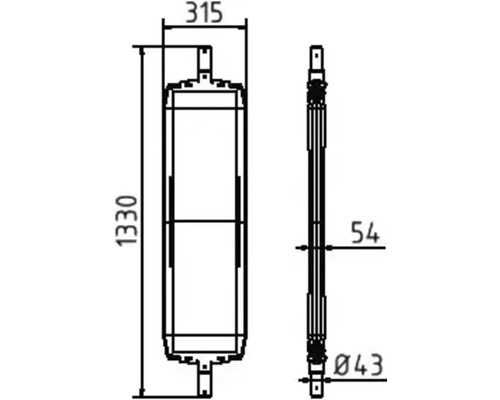 Technische tekening van een warmtewisselaar met afmetingen van 1330 mm hoogte, 315 mm breedte en 43 mm diameter.