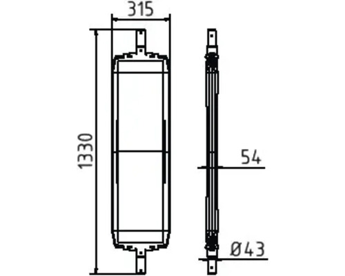 Technische tekening van een radiator met maatvoering