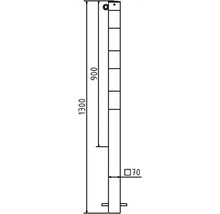 Technische tekening van een paal met afmetingen van 1300 mm totale hoogte, 900 mm tot de eerste plank en 70 mm paaldikte